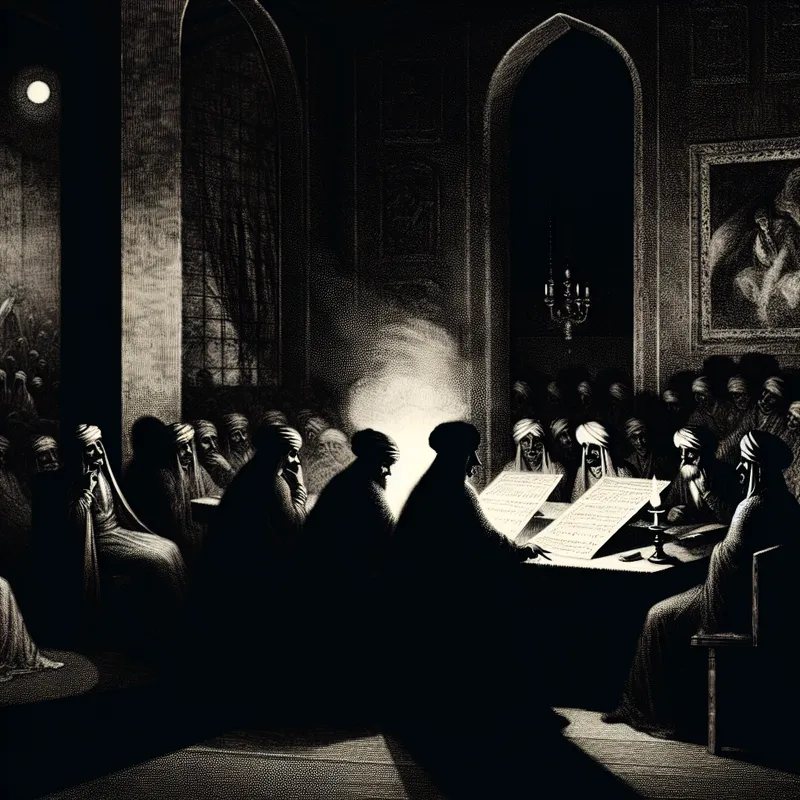 Vergadering met serieuze individuen die stemmen over mysterieuze projectvoorstellen in een duistere kamer