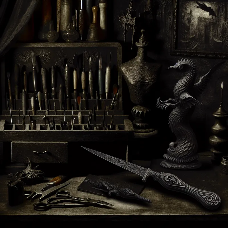 Een gothic werkplaats met een gedetailleerd werkbank vol kunstbenodigdheden, en een elegant mesje naast een model van een mythisch wezen.