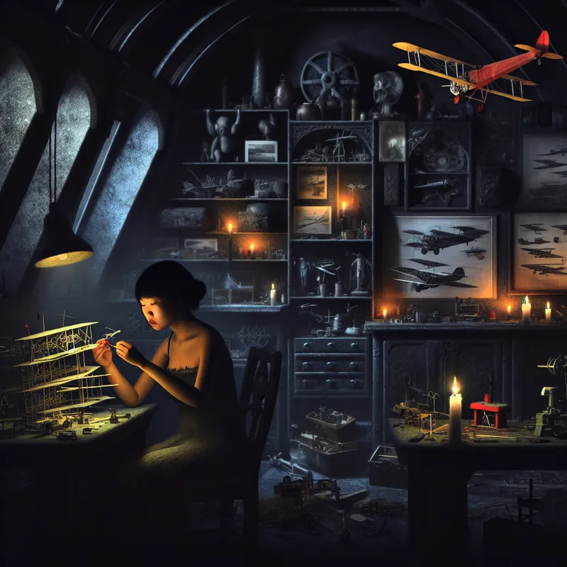 Een man in een gothic workshop die gefocust een modelvliegtuig in elkaar zet, omgeven door schaduwen en kaarslicht.