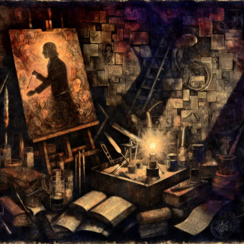 Gothisch atelier van een kunstenaar met een rommelige werkruimte, een onafgemaakt schilderij en een verlichte figuur die creativiteit en onderzoek belichaamt.