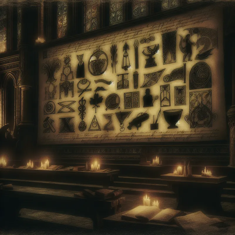 Gothische voorstelling van een bulletinbord met symbolische iconen voor diverse cursussen en activiteiten in een cultureel centrum