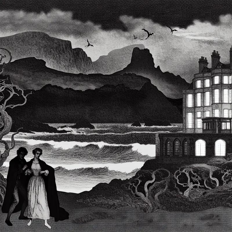 Een dramatisch hotel aan de kust bij schemering, met gasten die zich voorbereiden om binnen te gaan.