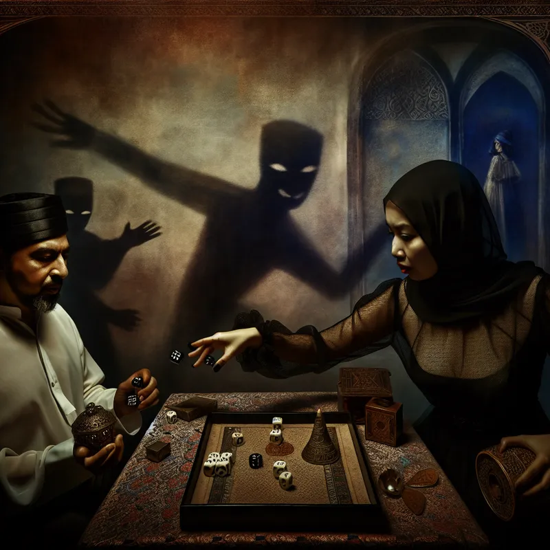 Gothisch tafereel met twee spelers die gefocust een spel spelen, met schaduw en spannende expressies.