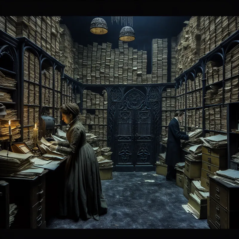 Gothische kantoorruimte met stapels papieren en een 19e-eeuwse klerk die documenten ordent in een administratieve afdeling