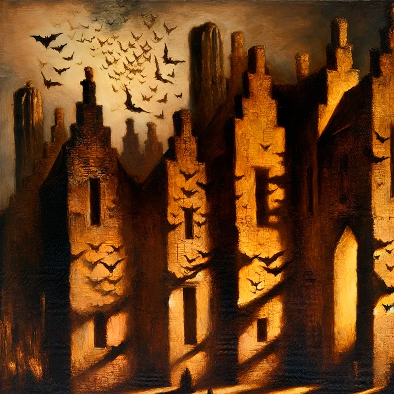Gothische gebouwen met vleermuizen in avondlicht