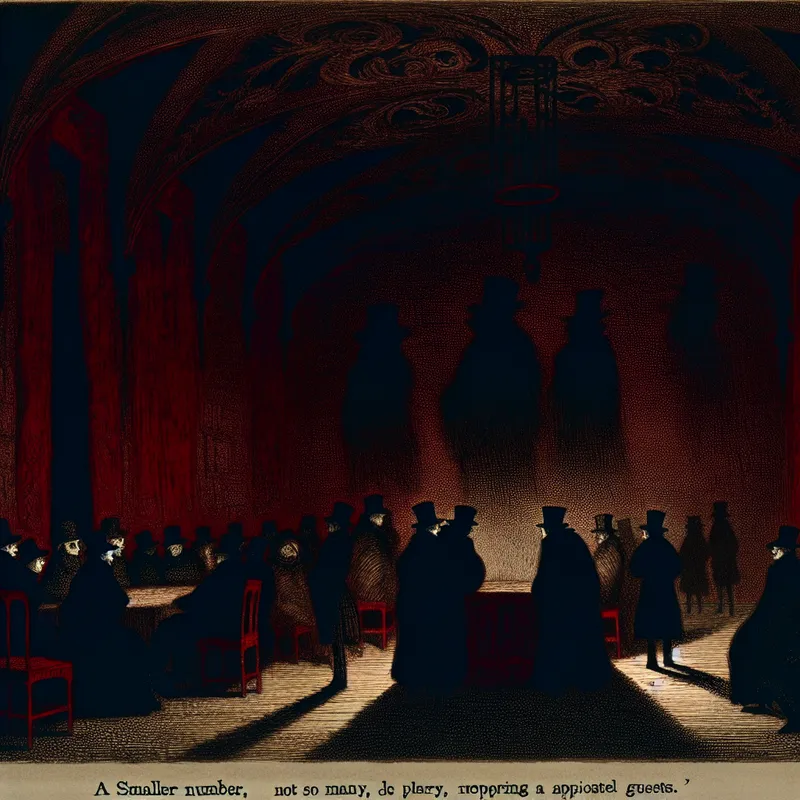 Gothische hal met schaduwachtige figuren en lege stoelen, symboliserend teleurstelling en ontbrekende mensen