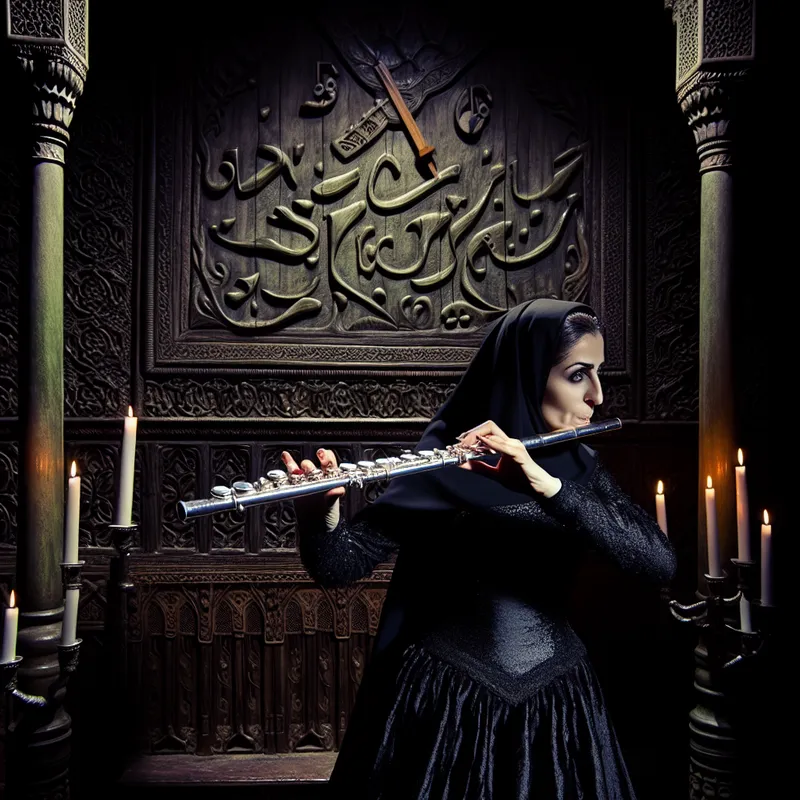 Vrouwelijke muzikante speelt zilveren dwarsfluit in gotische concertzaal met dramatische belichting en symbolische decoraties