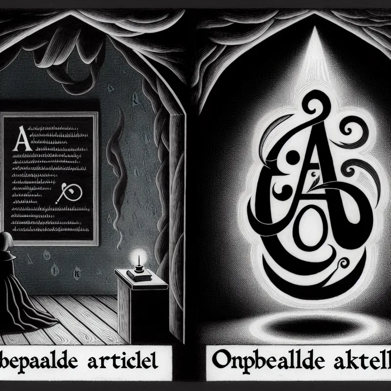 Een afbeelding van een klaslokaal met Nederlandse grammaticaregels en de letter A als symbool voor het artikel, omringd door gothic elementen.