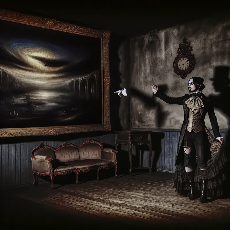 Een mysterieuze figuur in vintage kleding wijst naar een grote schilderij in een gothic interieur