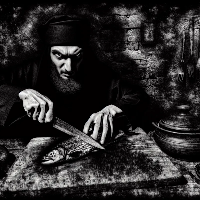 Een donkere, gotische keuken met een chef die intens een vis snijdt op een houten snijplank.