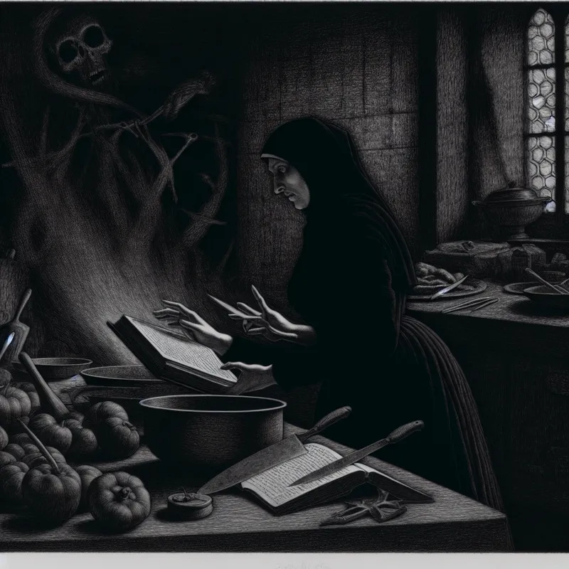 Een chef-kok voorbereidend op het maken van een gastronomisch gerecht in een mystieke, gothic keuken