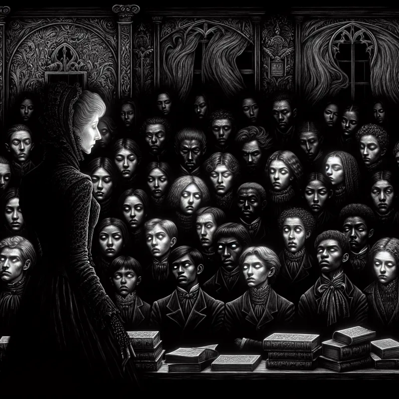Gothic stijl klaslokaal met studenten die gefocust luisteren naar een mysterieuze leraar, verlicht door een enkele lichtbron.