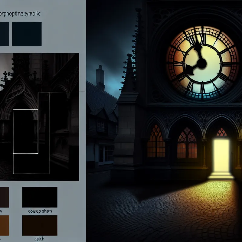 Gothische klokkentoren slaat precies tien uur, met een mysterieuze winkeldeur die opengaat in een donkere, symbolische scène in de stijl van Félicien Rops