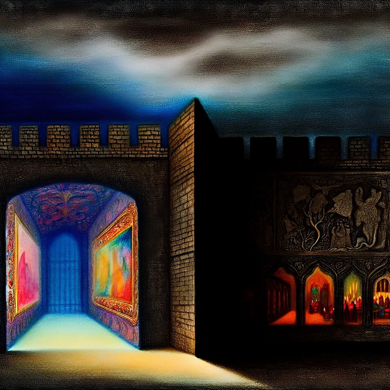 Een hoge, donkere muur met gothische gravures die een heldere, kleurrijke kamer scheidt van een mysterieuze, schaduwrijke tuin.