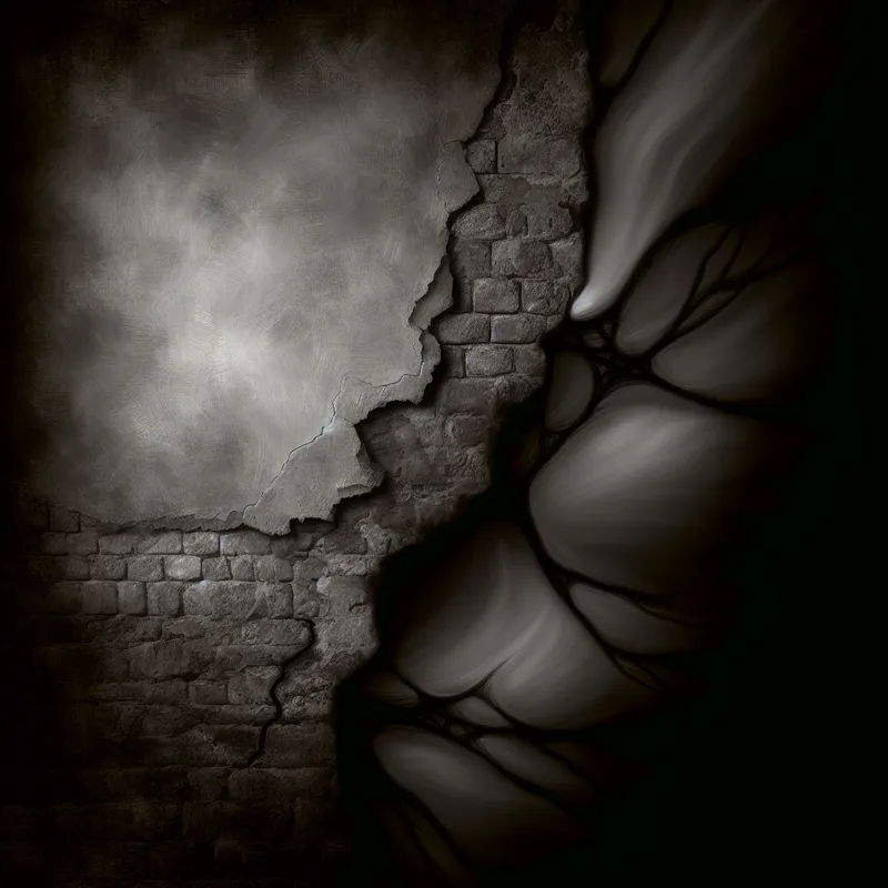 Gothische muur met genezende scheur waar delicate webachtige structuren de barst dichten, symboliserend herstel en vastgroeien