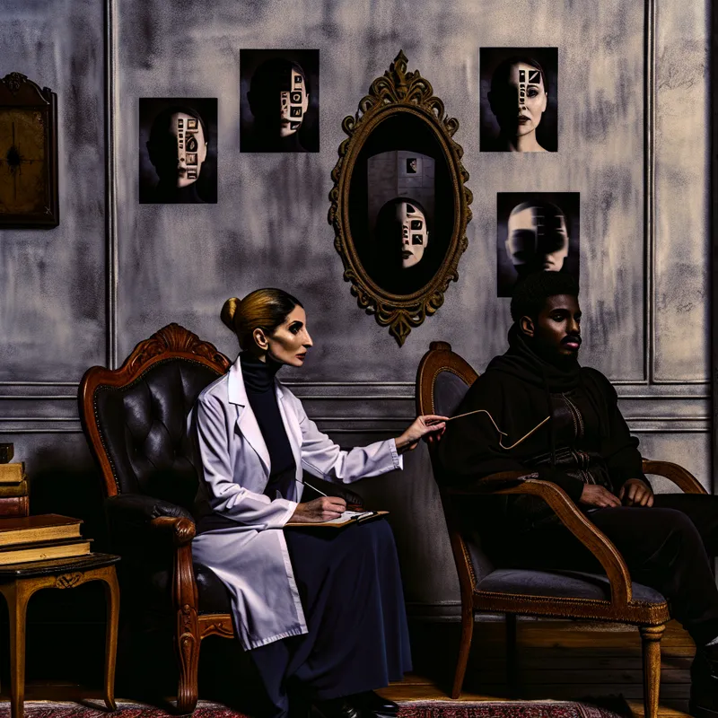 Gothische scène in een kliniek met een psycholoog die een visuele test afneemt aan een patiënt op een vintage stoel