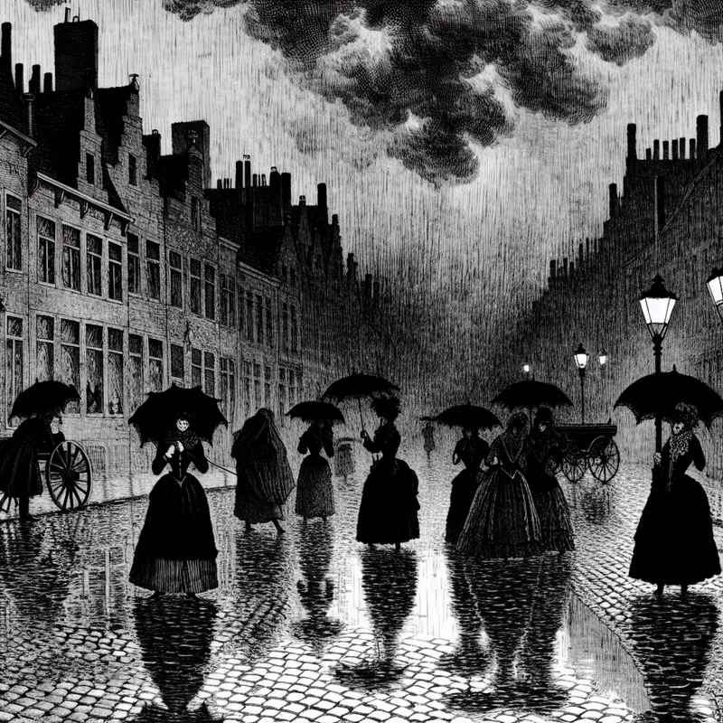 Gothische straatscène in de regen met 19e-eeuwse figuren onder zwarte paraplu's, natte kasseien en dramatische wolkenlucht