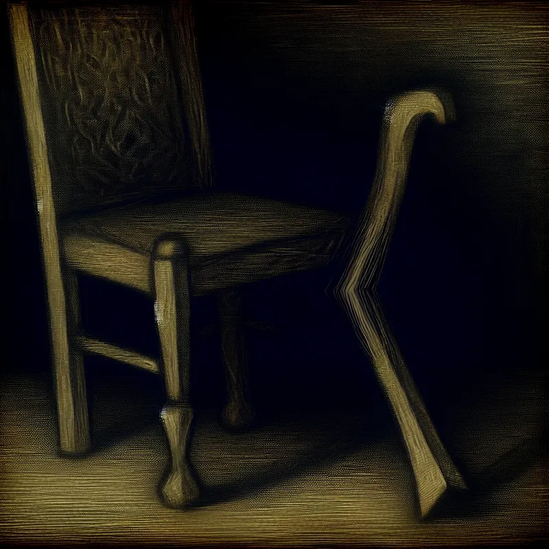 Gothische illustratie van een wankele houten stoel met een kortere meubelpoot, symbolisch voor instabiliteit