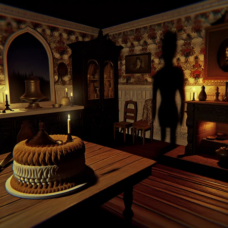 Gothische keuken met een mysterieuze taart op een houten tafel, in de stijl van Félicien Rops.
