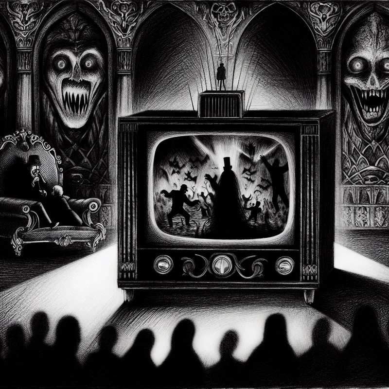Gothische televisie-uitzending met mysterieuze documentaire op een oude tv, omringd door gefascineerde kijkers in een donkere studio in de stijl van Félicien Rops