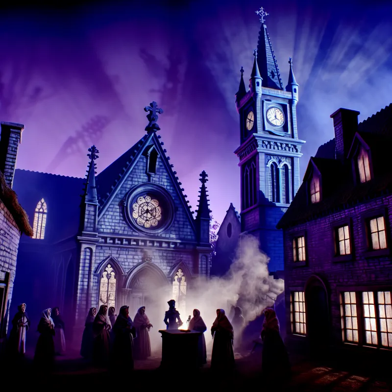 Een gotisch dorpsscène bij schemering met een grandioze kerk en een hoge klokkentoren, terwijl dorpelingen in historische kleding opkijken naar de klok die middernacht slaat.