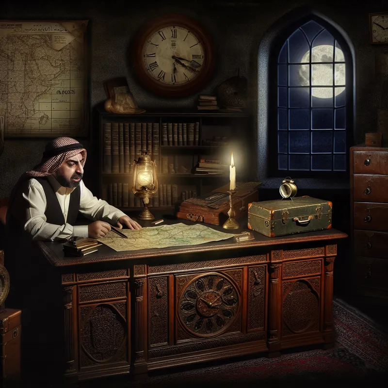 Gothic office scene with a man discussing holiday plans at an ornate desk, illuminated by candlelight.