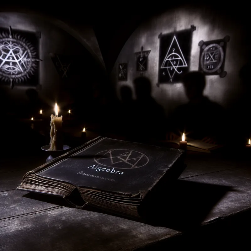 Een gotische klaslokaal met een zware boek over algebra op een houten bureau, verlicht door een flikkerende kaars.