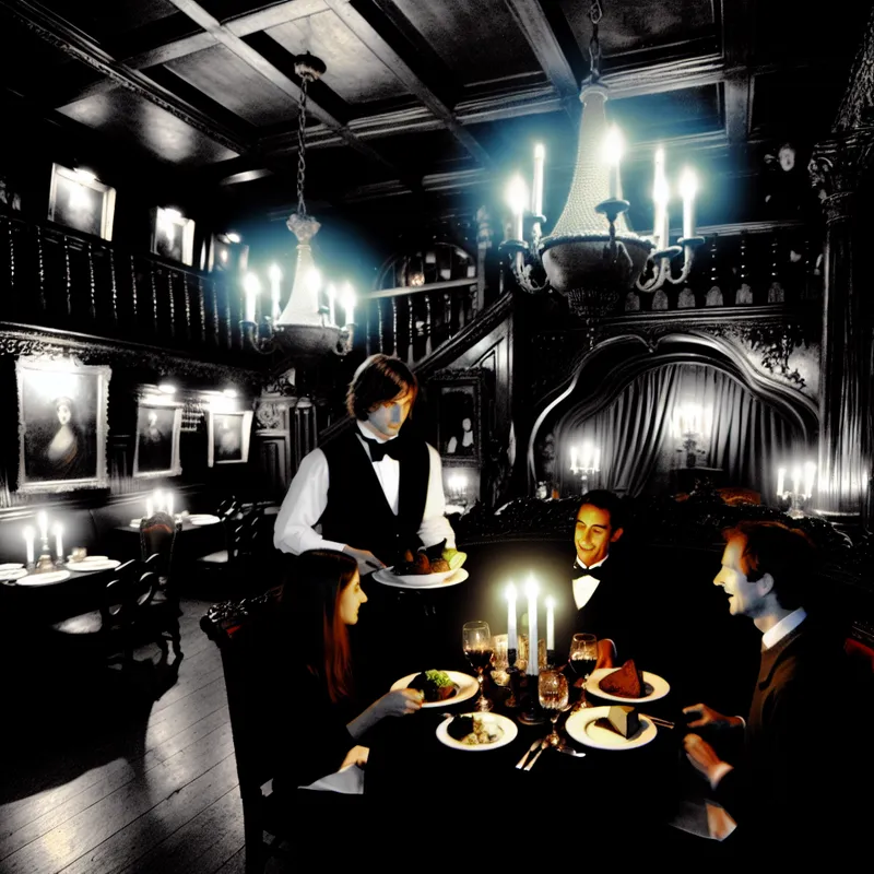 Donker en sfeervol restaurantinterieur met gotische elementen