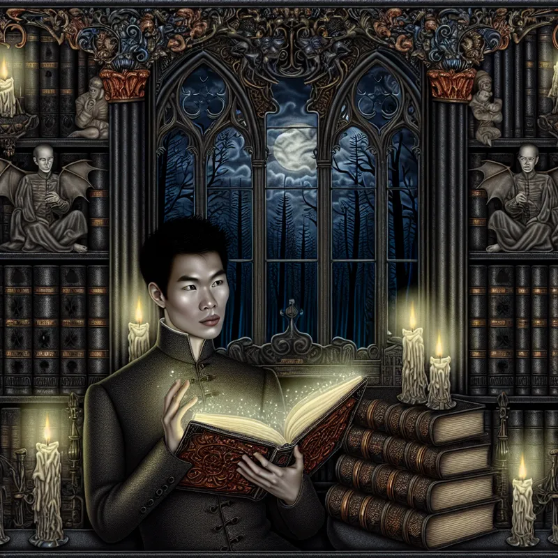 Een persoon verdiept in een boek in een gotische bibliotheek met donkere, sierlijke details.