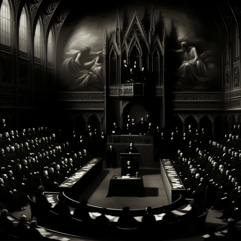 Een donkere en sfeervolle zaal met diverse politici rondom een podium in een gotische conferentiehal.