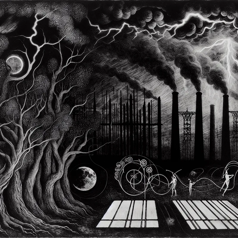 Een complexe scène met verschillende energiebronnen in een gotische stijl, inclusief een zonnepaneel, rook van fabrieken en natuurbeelden.