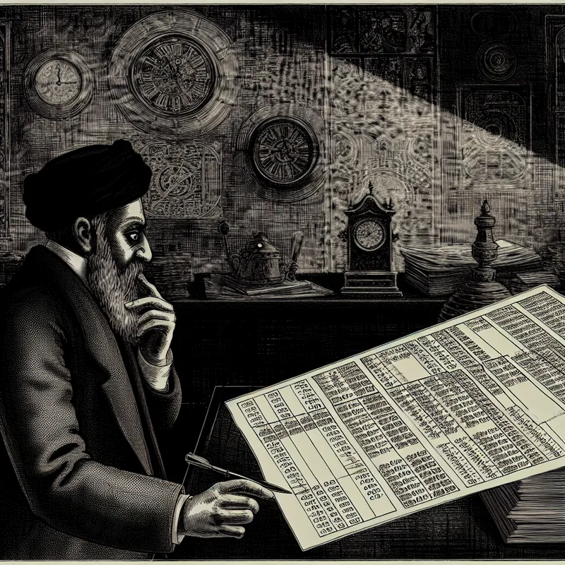 Persoon reviewt document met gedetailleerde berekeningen in gotische stijl