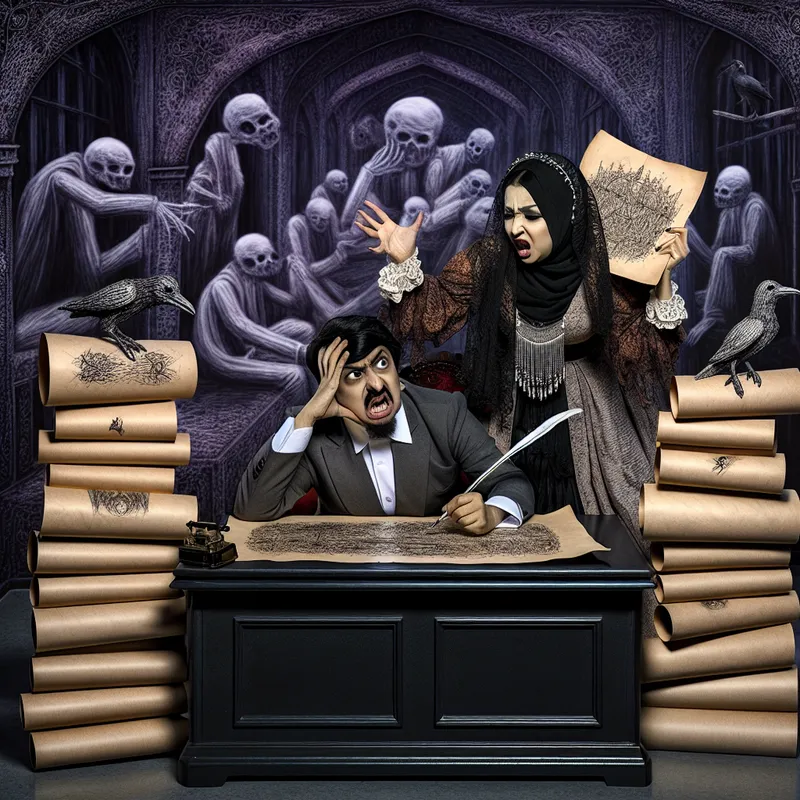 Gotische kantooromgeving met gefrustreerde persoon en Victoriaanse figuur die naar details wijst