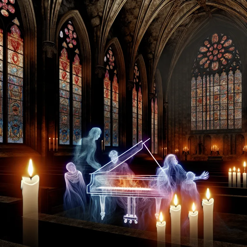 Donkere, sfeervolle binnenkant van een gotische kerk met een grand piano die prachtige muziek speelt.