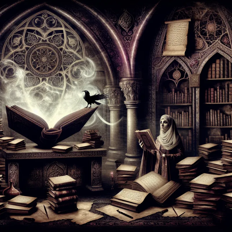 Een persoon leest een groot, versierd boek in een gotische klaslokaal met oude boeken en mysterieuze artefacten