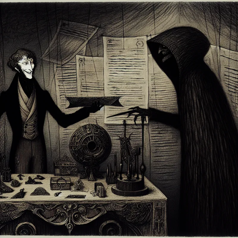 Donkere illustratie van twee figuren in een gotische setting, bij een rijk gedecoreerde tafel met diverse mysterieuze voorwerpen, symboliserend een ruilovereenkomst.