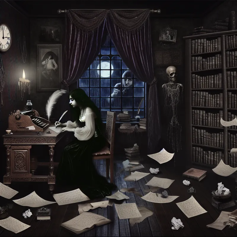 Een jonge vrouw in een gotische studeerkamer die geconcentreerd een rapport afmaakt, omgeven door boeken en papier.