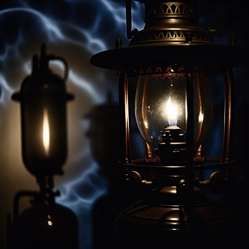 Een vintage gaslamp straalt warm licht uit in een duistere, gotische setting, met complexe patronen en schaduwen op de muren.