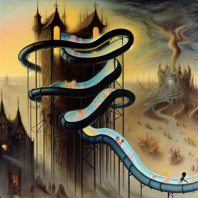 Surrealistische illustratie van een lange, kronkelende waterglijbaan in een gotisch pretpark bij schemering, met spelende kinderen en een mysterieuze sfeer