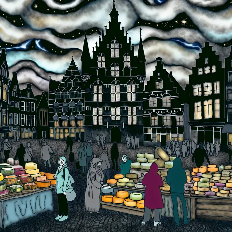 Een sfeervol nachtbeeld van de stad Gouda met grootschalige gotische architectuur en een kaasmarkt.