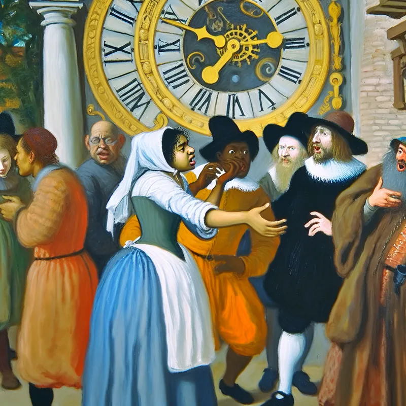 Groep mensen verzameld rond een grote, sierlijke kloktoren in de stijl van de Gouden Eeuw, met dynamische uitdrukkingen van nieuwsgierigheid.