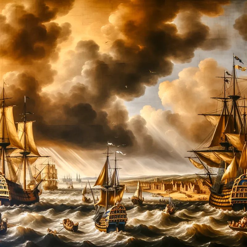 17e-eeuws Nederlands maritiem tafereel met schepen in een drukke haven tijdens de Gouden Eeuw van de zeevaart