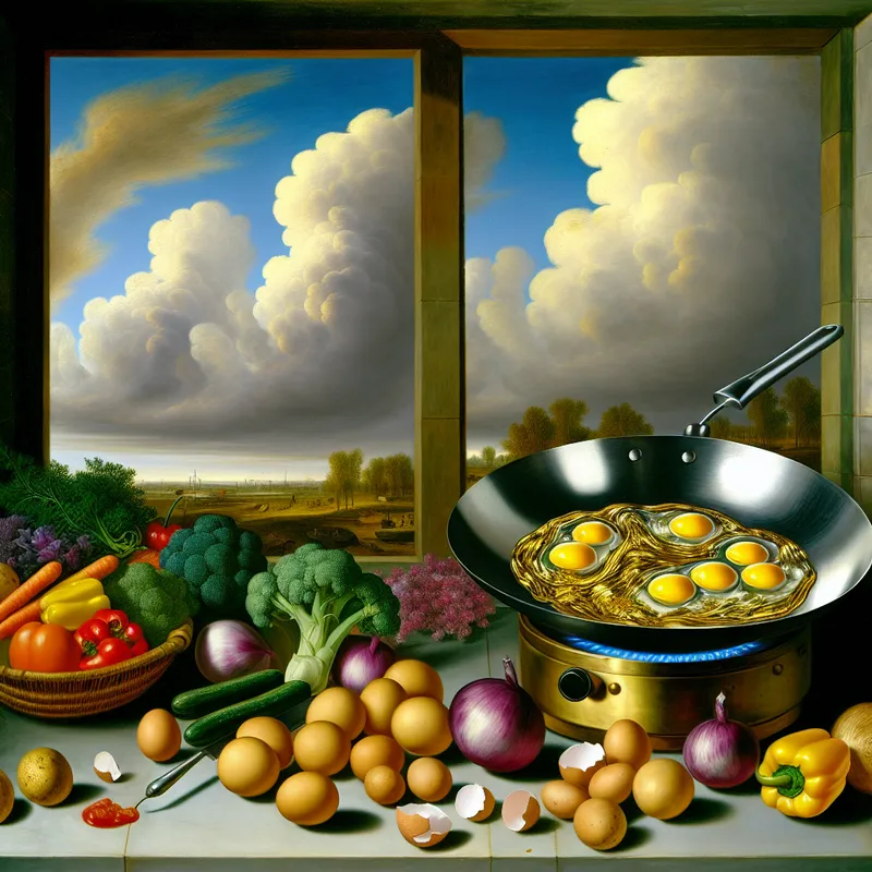 Een pan met gouden eieren die op een fornuis bakken, omgeven door verse groenten en kruiden in een kleurrijke keuken.