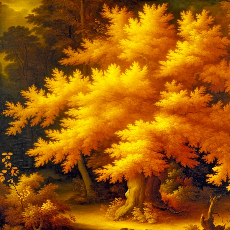 Barokke herfstboom met bladeren in warme gouden kleur, glanzend in dramatisch zonlicht