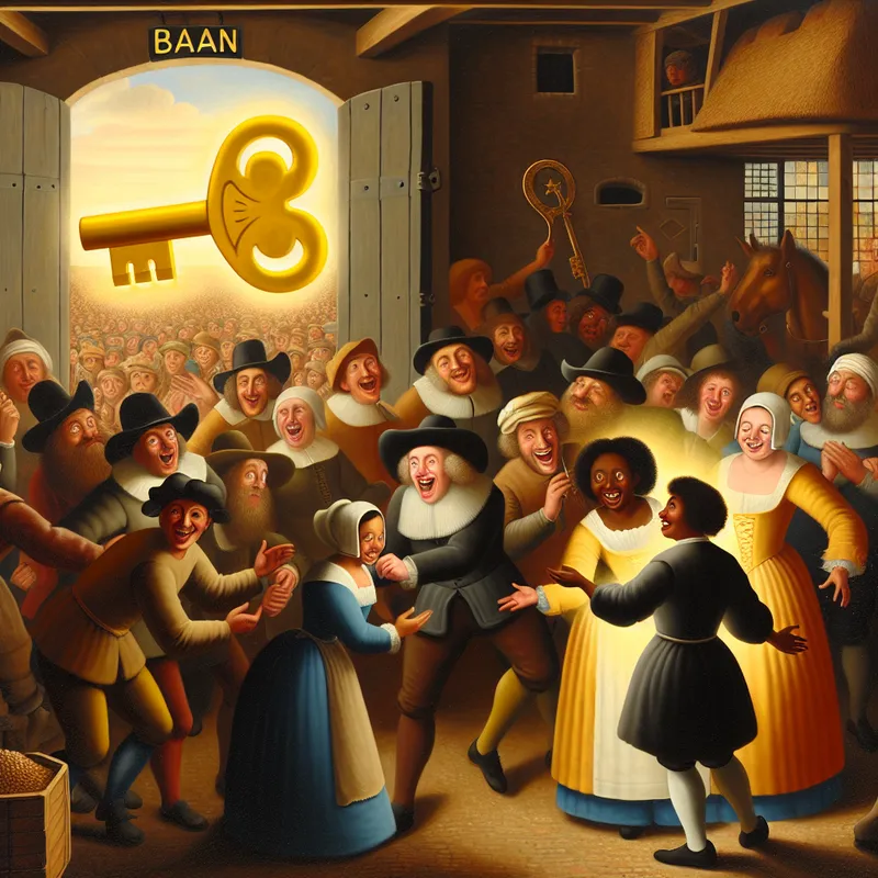17e-eeuwse Nederlandse marktscène in de stijl van Jan Steen met een gouden sleutel met het woord 'baan', symbool voor een uitstekende kans of waardevolle gelegenheid
