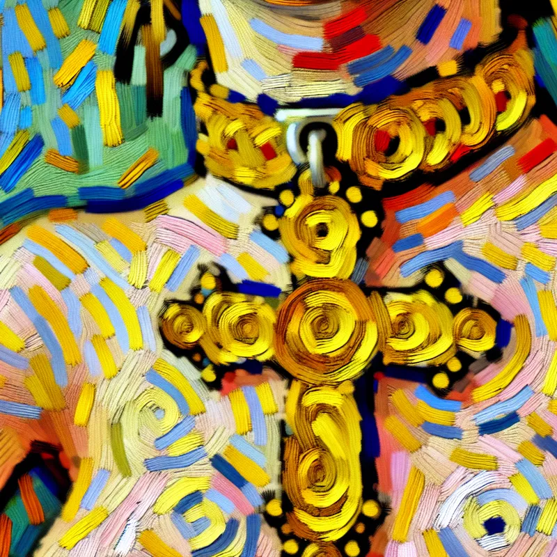 Abstract schilderij van een persoon met een opvallende gouden kruis als ketting, geschilderd in expressieve stijl met felle kleuren