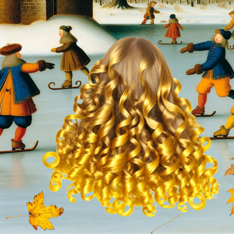 Kind met glanzende gouden krullen schaatst op bevroren kanaal, omringd door gouden herfstbladeren in winterse scène in stijl van Hendrick Avercamp