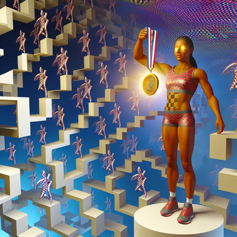 Surrealistische weergave van een atleet op een onmogelijk podium met een gouden medaille die licht uitstraalt, geïnspireerd op M.C. Escher