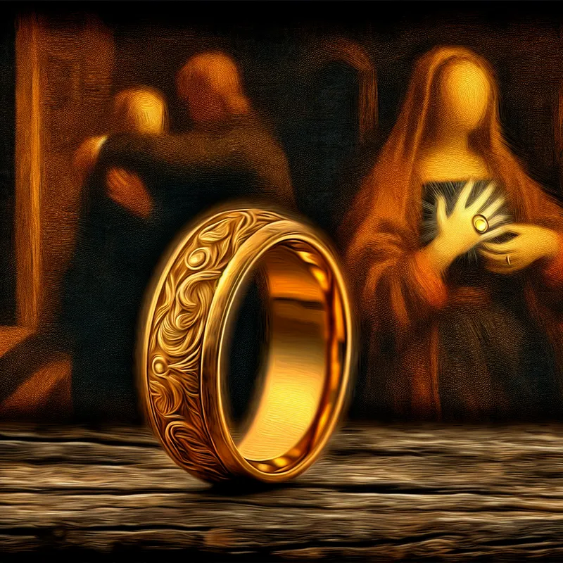 Close-up van een gouden trouwring met ingewikkelde gravering op een donkere houten tafel, omringd door warm, zacht licht.