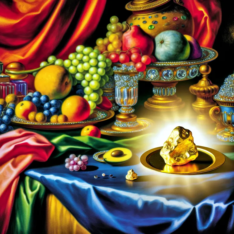 Een klein, glanzend goudklompje ligt op een rijk versierde tafel, omringd door weelderige stoffen en luxe objecten.